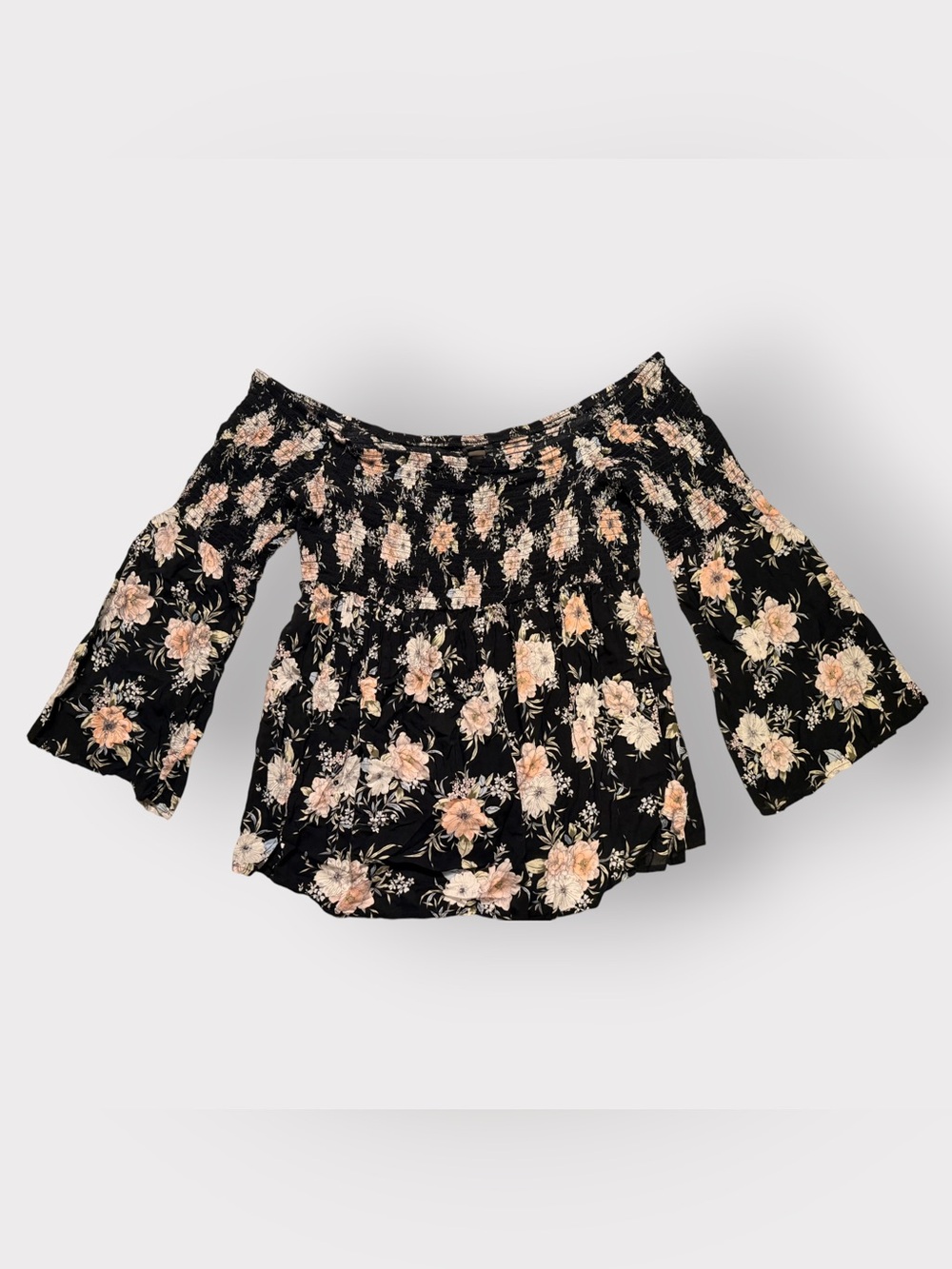 Torrid Women’s 3X Black Floral Off Shoulder Smocked Bell Sleeve Peasant Top